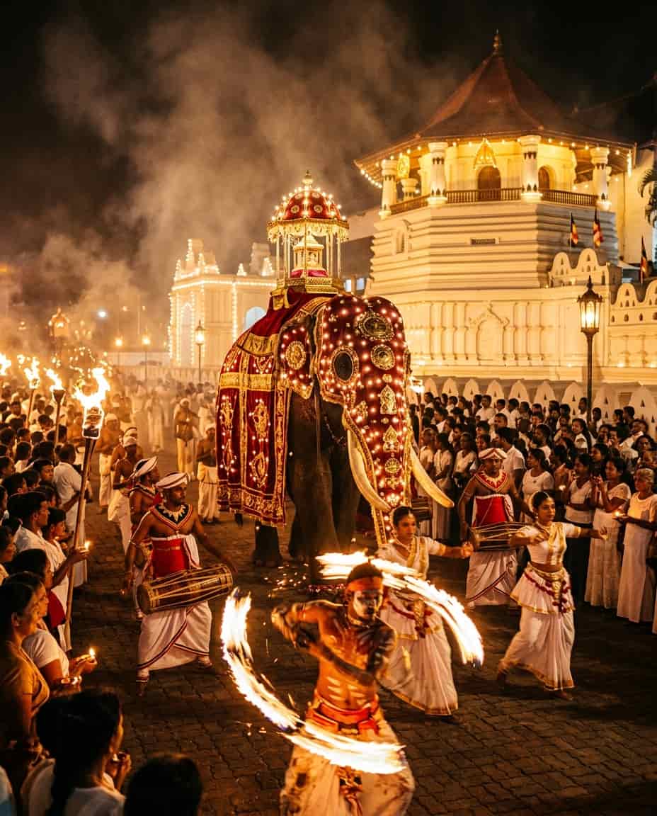 Decorated elephant at the Kandy Esala Perahera procession in Sri Lanka